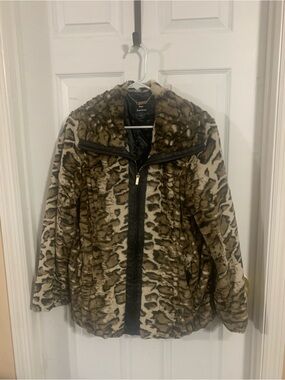 dennis basso Brown and Cream Faux Fur Animal-Print Jacket